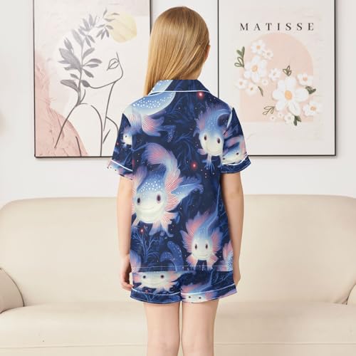 Satin Pajama Sets Short Sleeve Axolotl in Darkness Button Down Silky Nightwear 2 Piece PJS 5-14Y4