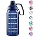 Opard Botella de agua de medio galón con marcador de tiempo, jarra de agua motivacional de 64 onzas, botella de agua grande deportiva con mango de pajita, sin BPA, para gimnasio y fitness (azul)