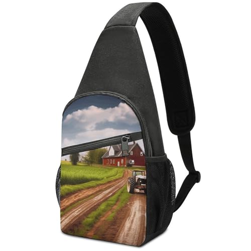 NWTRJ Country Road with Farm And Tractor Sling Bag Lightweight Crossbody Shoulder Backpacks Hiking Travel Daypack Chest Bag for Women Men