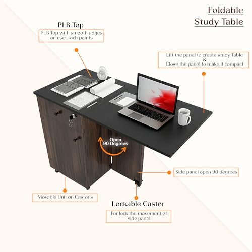 Image of Klaxon Foldable Study Table with Drawer & Storage Shelf | Compact Desk for Home & Students | Folding Design with Lockable Wheels. (Black, DIY Installation) (Aw & Black, Kora)