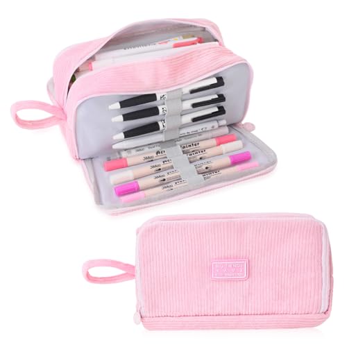 Image of iSuperb Big Capacity Corduroy Pencil Case 3 Compartments Pen Pouch Simple Organizer Bag Large Capacity Pencil Box for Adults (Pink)