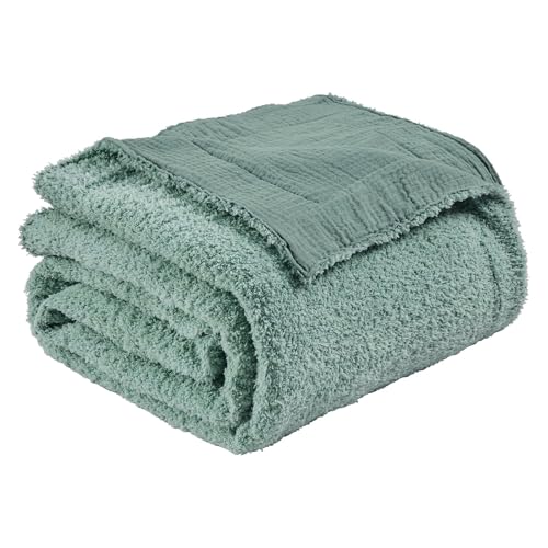 EMME Muslin and Fleece Throw Blanket Reversible - 50"*60" Teal Soft Warm Throw Blankets for Couch Bed Picnic Travel Bed