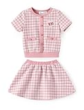 Disney Princess Toddler Girl 2 Piece Outfit Light Pink Short Sleeve Character Print Button Knit Elegant Top & Tweed Skirt Set Birthday Party Dress Costume Summer Holiday Clothes Gift 2T