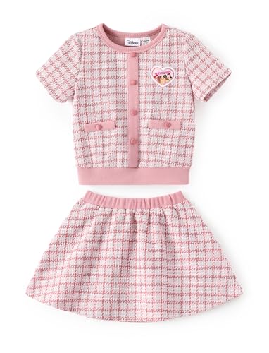 Disney Princess Toddler Girl 2 Piece Outfit Light Pink Short Sleeve Character Print Button Knit Elegant Top & Tweed Skirt Set Birthday Party Dress Costume Summer Holiday Clothes Gift 2T
