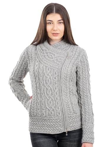 Image of SAOL Irish Cardigan for Women Made of 100% Merino Wool Ireland Sweater Cable Knit Zip Jacket