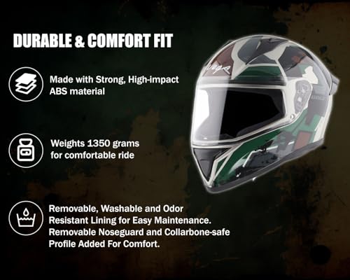Image of Vega Bolt Army Full Face Riding Helmet with Lightweight Shell, Comfortable Liner, Shock Absorbing Interior, Ventilated Fit, Durable Build, and Modern Mud Battle Green Styling Mud Battle Green-M