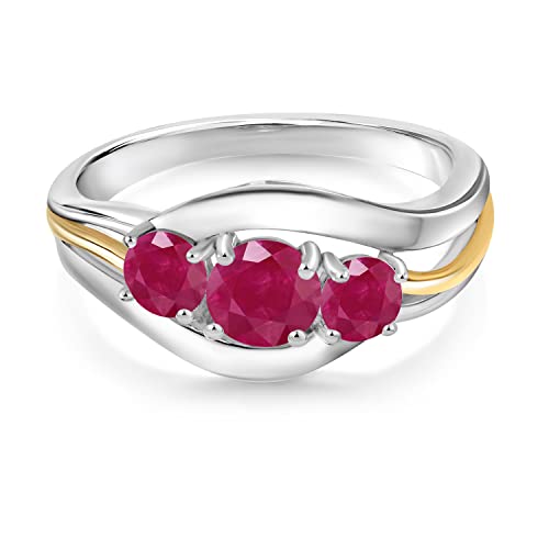 Gem Stone King 1.25 Cttw Round Red Ruby 3-Stone Ring For Women In 925 Sterling Silver and 10K Yellow Gold | 3 Stone Wedding Engagement Anniversary Promise Ring For Women2