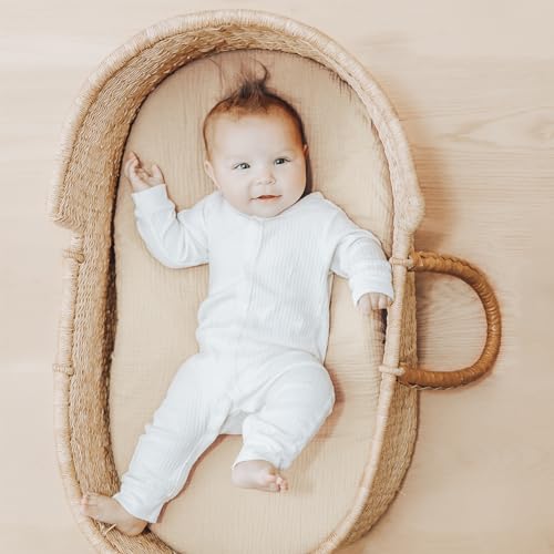 Image of Konssy Muslin Bassinet Sheets for Baby Girl Boy, 2 Pack Soft Breathable Baby Bassinet Mattress Sheets Fit for Hourglass Oval Cradle, Moses Basket Rectangle Mattress (Blossom,Cream)