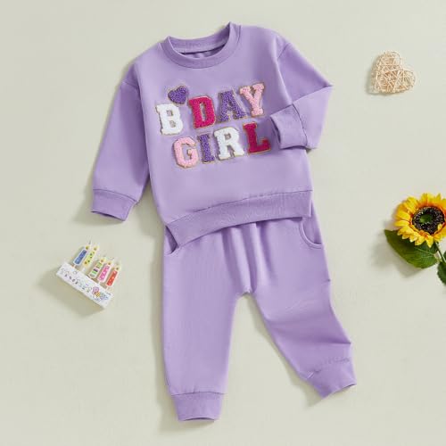 Qiylii Baby First Birthday Outfit Girl Fuzzy Letters Embroidery Sweatshirt Top and Pants 2 Piece Birthday Girl Outfit3