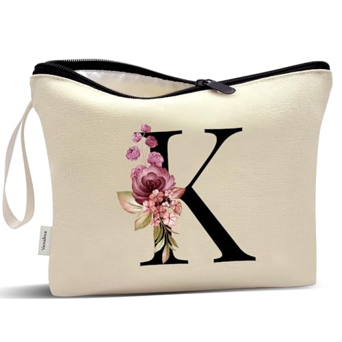 Image of Vavabox A-Z Personalized Makeup Bag, Birthday Gifts for Women Mom, Gifts for Best Friend, Bride Bridesmaid Cosmetic bag (K, Cream Yellow)