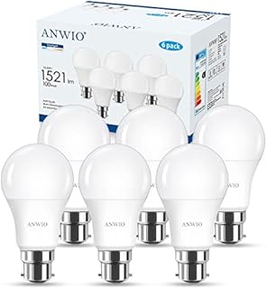 ANWIO B22 LED Bulbs Bayonet 100 Watt Equivalent,High 1521Lm,13W Super Bright B22 Daylight Bulbs,6500K Cold White B22 LED Bayonet Light Bulb A60,220-240V,Non-Dimmable (6 Pack)