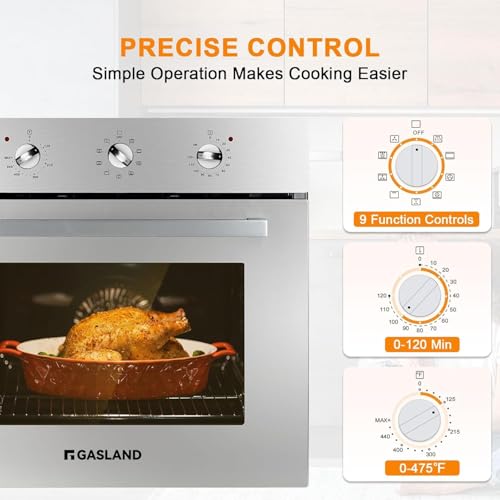 Image of GASLAND 24 Inch Wall Oven Electric, 3200W Convection Single Wall Oven with Rotisserie, 9 Functions, 3-Layer Glass Door, Knob Control, 65L Capacity, ETL Certified, Stainless Steel, 240V