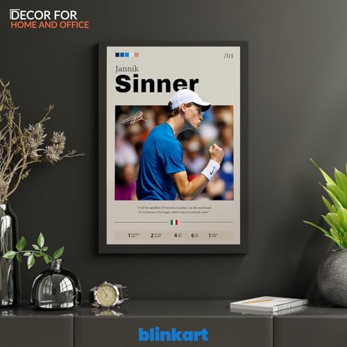 Image of BLINKART Jannik Sinner | Tennis Player | Synthetic Wood Photo Framed Wall Hanging Poster For Room & Office Bedroom Living Boys And Girl Room Home Wall Hanging | 12x18 Inches