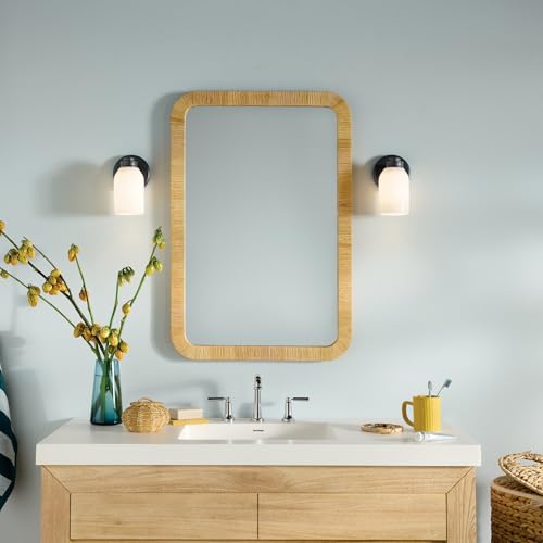 Image of Kichler Shae 1-Light Bathroom Wall Light, Black | White opal glass wall light for bathrooms, hallways and mirrors (5 inch x 8.25 inch), 55200BK