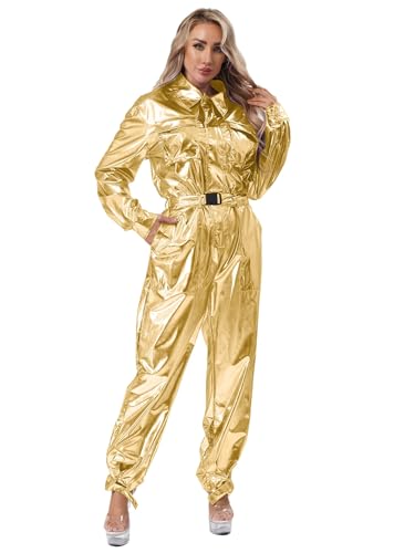 Hedmy Womens Shiny Metallic Overalls Turn-down Collar Long Sleeves High Waist Jumpsuit Coverall Gold Medium