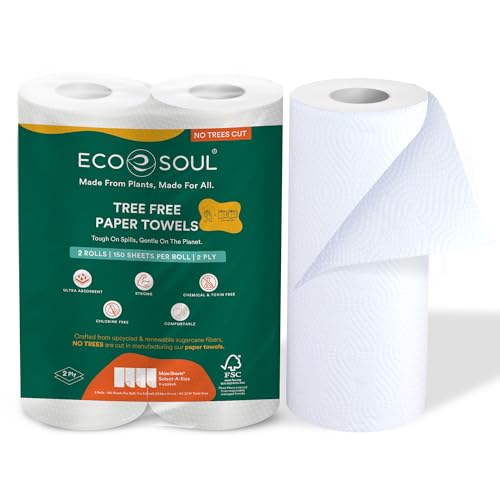 ECO SOUL [2 Ply 120 Pulls] Tree-Free Kitchen Paper Towel Pack of 2 (60 Pulls Per Pack) Soft & Highly Absorbent Eco Friendly Natural Biodegradable Everyday Kitchen Paper Towel
