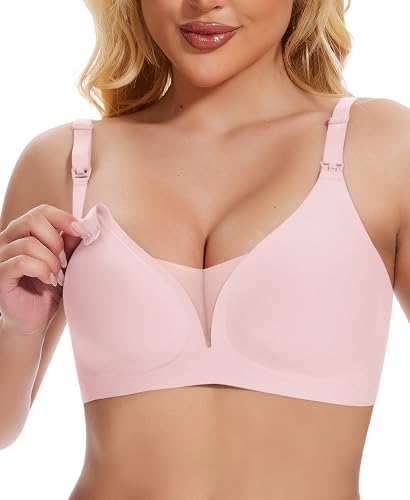 Jiuday Still BH ohne Bügel Große Brüste Damen Schwangerschafts- & Still-BHS Bequemer Gepolstert Spitze Seamless Nursing Bra Nahtloser Push Up Stillbh (Rosa,L)