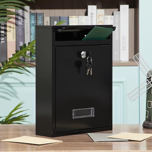 Image of Yaocom Wall Mount Mailboxes for Outside 13.8 x 9.5 x 3.3 Inches Large Vertical Mailbox with Key Locking Outdoor Metal Steel Mail Drop Security Hanging Secure Postbox for Home Office School, Black
