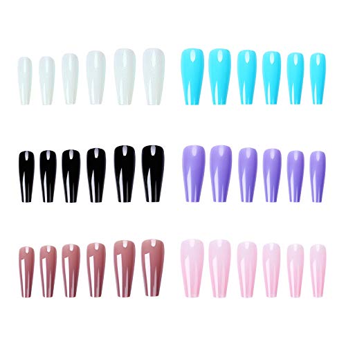Vaveah 144 Pcs Long Press on Nails Coffin, Ballerina Acrylic Fake Nails Coffin Set, False Nails with Glue and Stickers, Long Coffin Nail Tips for Women (Set 1)