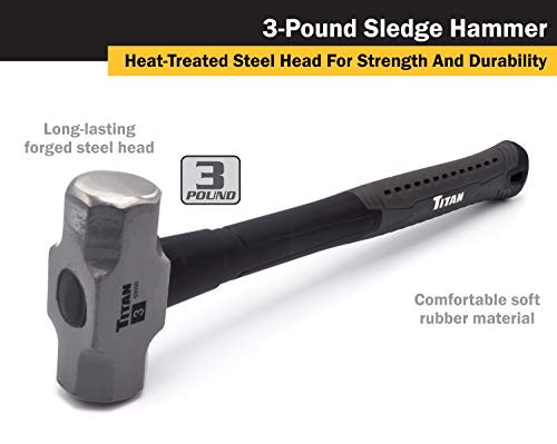 Titan 63000 3lb Sledge Hammer, Forged Steel Head, Overstrike Protection, Sledgehammer with 16" Shock Absorbing Fiberglass Handle with Textured Grip image 3