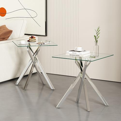 Glass End Table Set of 2, Modern Square Side Table