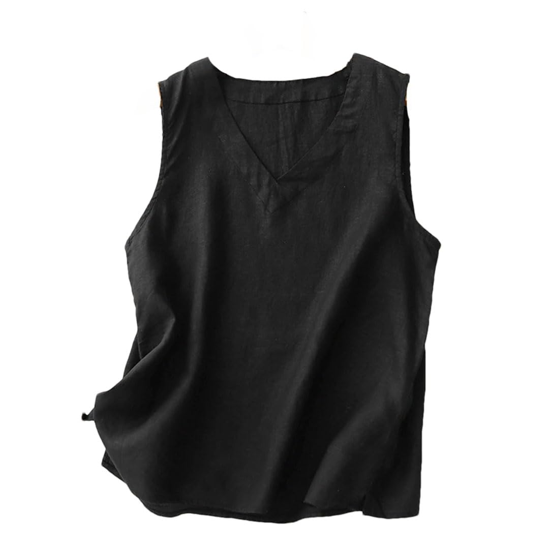 Women Sleeveless Cotton Linen Tank Top V-Neck Vintage Casual Camisole with Side Slit