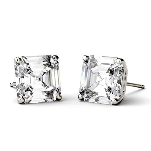 14K White Gold Moissanite By Charles & Colvard 9Mm Asscher Stud Earrings, 6.28Cttw Dew #TOP3