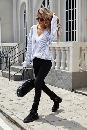 Image of Cakulo Womens Fall 2025 Oversized Striped V Neck Sweaters Long Sleeve Knit Color Block Trendy Pullover Sweater Top