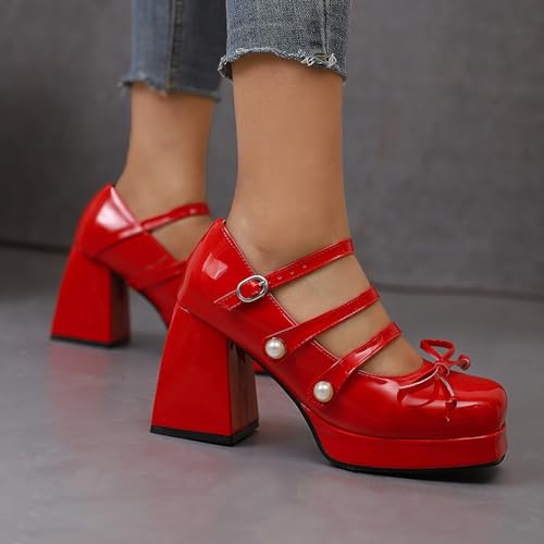 Alyaafifa Gorgeous High Heel Platform Pumps for Women Chunky Heels with Bow Closed Square Toe Ankle Strap Mary Jane Patent Leather Dress Shoes Club Ballroom Event Wedding Party3