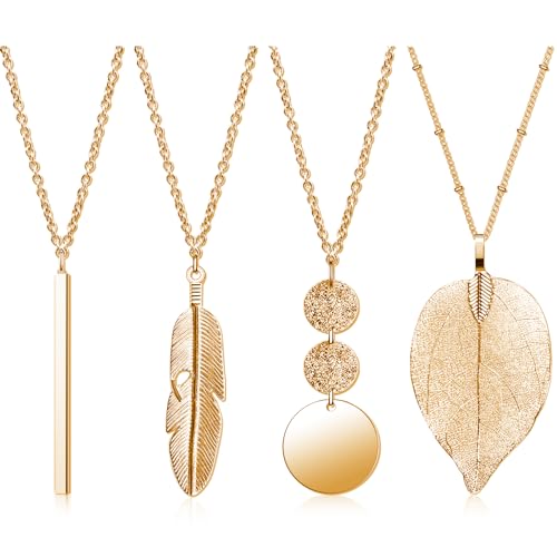4 Stück Lange Anhänger Halsketten für Frauen,Mode Anhänger Halskette Schmuck Lange Pullover Halsketten Set Silber Bar Feder Kreis Blatt Schloss Quaste Y-Halskette...