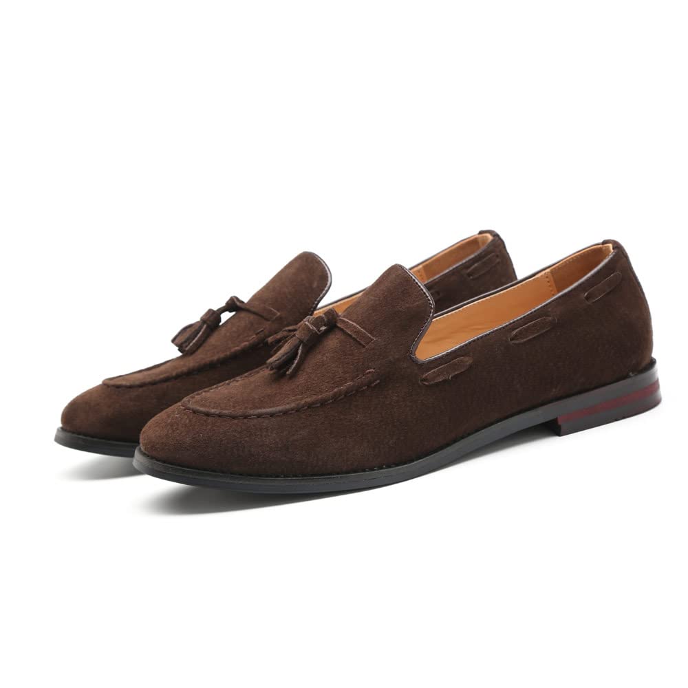 MANLADUO Mocasines de piel de ante para hombre, estilo británico, con borlas y diseño sin cordones