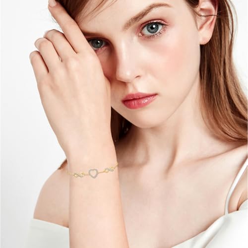SISGEM 14k Gold Created Moissanite Heart and Infinity Bracelet for Women, Real 14ct Hand Jewelry Gifts for Her, 6.2"-7.8"3