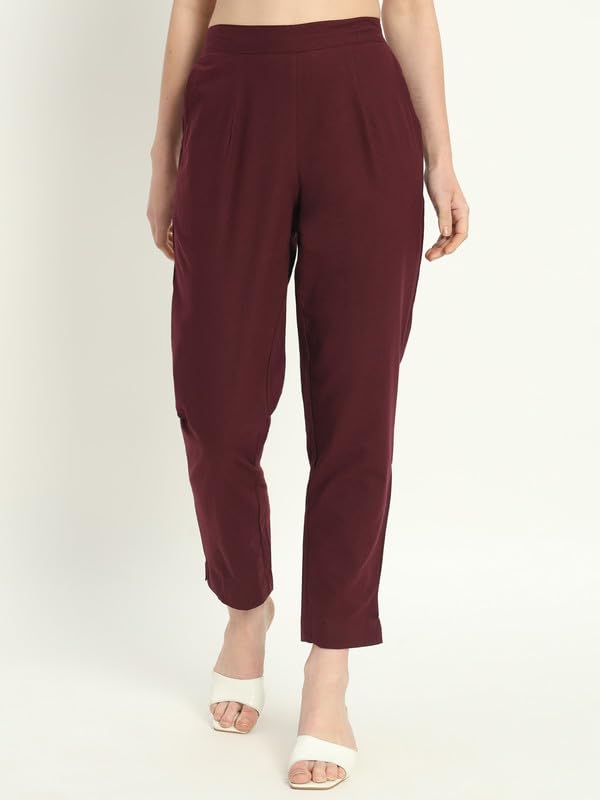 Image of Women's Solid Straight Fit 100% Cotton Trousers | High Waist, Side Pockets, Ankle Length Pants for Office, Casual