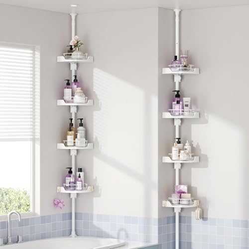 YCIA&DONE 360 Rotating Shower Caddy Tension Pole 4 Tiers Corner Shower Organizer for Bathroom Shelf Bathtub Adjustable Standing Shower Rack Easily Assemble 34-124 Inch Height White