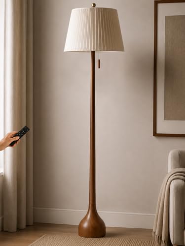 MOFFE Mid Century Modern Real Wood Floor Lamp with Remote, 2 Shades