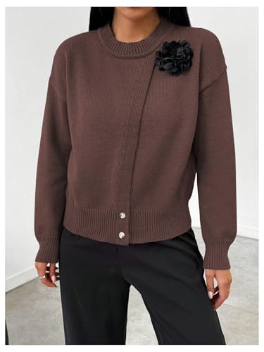 Image of MakeMeChic Women's Wrap Cardigan Sweater Flower Button Down Pullovers Tops Coffee Brown Small