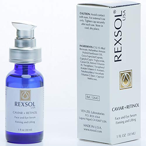 REXSOL CAVIAR + RETINOL Face and Eye Serum Firming and Lifting | With Vitamin C, Vitamin E & Vitamin A | Hybrid Sunflower & Caviar Oil | Revives the tone and texture of youthful skin. (30 ml/1 fl oz)