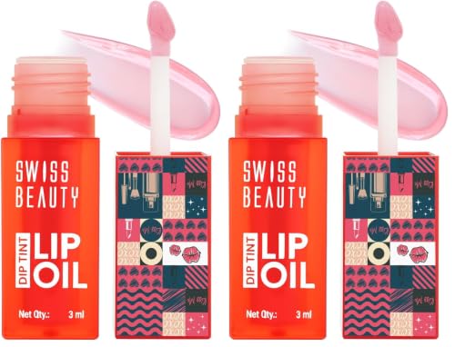 Image of Swiss Beauty Dip Tint Lip Oil | Colour-Changing Lip Oil | Glossy Finish | Long-Lasting Moisturisation | Enriched with Vitamin E | Shade-01 Strawberry, 3ml (Pack of 2)