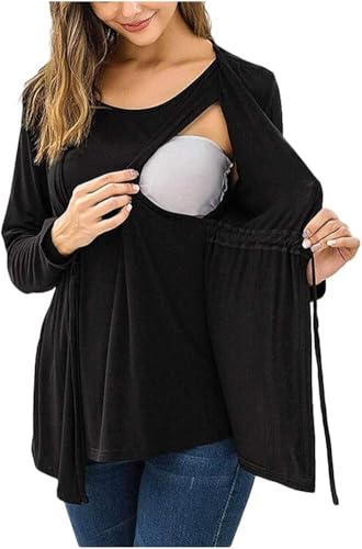 Camiseta de Lactancia de Manga Larga para Mujer, Doble Capa, Cuello Redondo, Ropa de Maternidad,Negro,XL