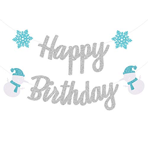 Yvokii Silver Glittery Snowflake Happy Birthday Banner, Winter Birthday Banner Snowman Birthday Party Decoration Frozen Theme Christmas Baby Shower Anniversary Celebrations Decor