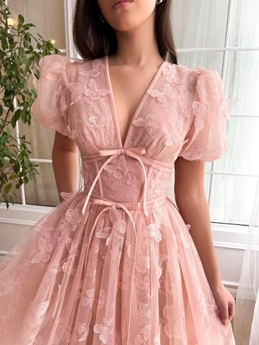 3D Butterfly Tulle Prom Dress Lace Applique Ball Gown Short Sleeve V Neck Formal Evening Dress4