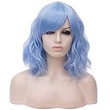 BUFASHION 14' Women Short Wavy Curly Wig Light Blue Bob Wig Cosplay Halloween Synthetic Wigs With Side Bang Wig ( Light Blue)