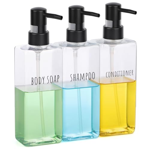 Image of Segbeauty Clear Soap and Lotion Dispenser Set, Pack of 3 16.9oz Refillable Shampoo and Conditioner Dispenser, 500ml Plastic Square Modern Soap Dispenser Bathroom, Shampoo Bottles Refillable with Pump