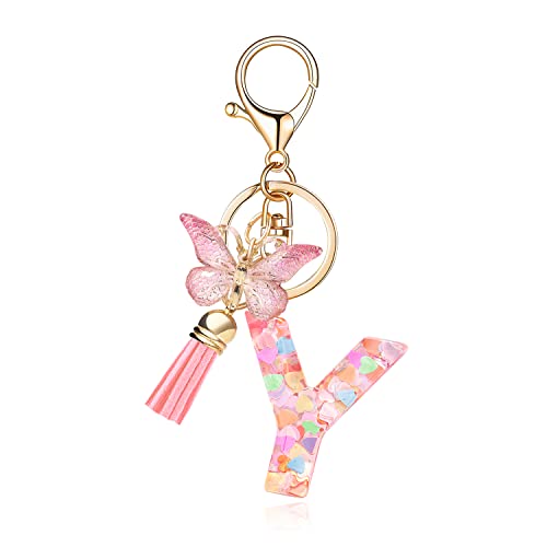 OKAICEN Fashion Alphabet Initial Letter Keychain Tassel Butterfly Pendant Key Ring for Purse Handbags Women Girl ('Y')