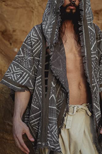 Handmade Wizard Mens Hooded Kimono Vest Beige Tribal Pattern Alchemist Sorcerer Ritual Ceremony Gypsy Festival Magic Alchemy Primitive Icaro Ajjaya #TOP6