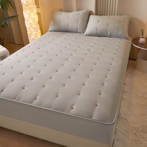 Protector De Colchón con Bordado De Tulipanes, Cubrecolchón Lavable Todo Incluido, Sábana Bajera De Fácil Cuidado con Cintas Elásticas De Ajuste-Grey||150cmx200cm