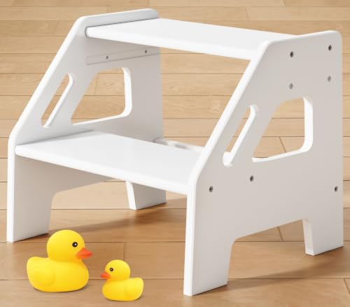 White Wood Toddler Step Stool for Bathroom Sink, 2 Step Kids Toilet Stool
