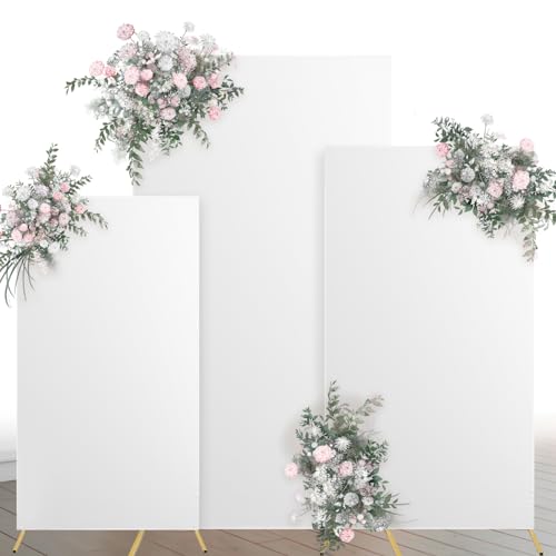 VitalCozy 3 Set Wedding Arch Cover Fitted Square Backdrop Cover for Backdrop Stands Spandex Arch for Wedding Birthday Party Decor, 6.2FT, 5.2FT, 4.3FT (Without Metal Brackets)(White)