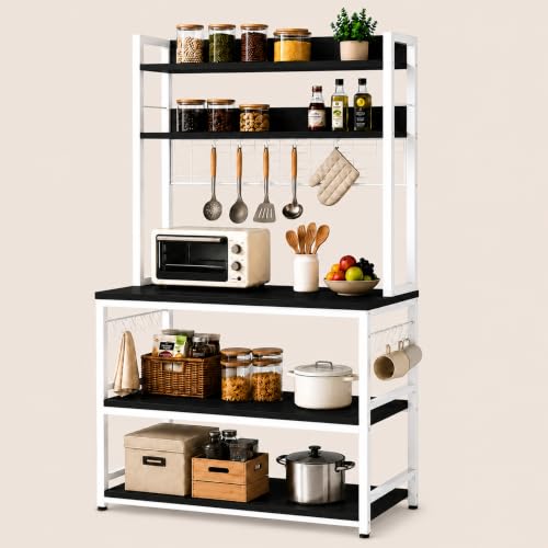 Image of 5-Tier Kitchen Organizer Rack-Multipurpose Microwave Stand for Kitchen Platform & OTG Oven-Steel Utensils Storage Shelf with Hooks - Engineered Wood & Metal Rack for Home- 100x40x170 cm - White /Black