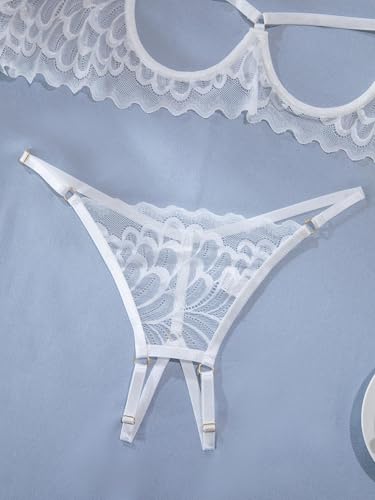 Image of Lilosy Women's Sexy Underwire Floral Lace Sheer Lingerie Set See Through Bra and Panty 4 Pieces Pasties White Small